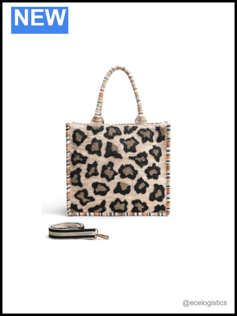 Hand-Beaded Leopard Print Tote Large Shoulder Handbag Magnetic Closure
